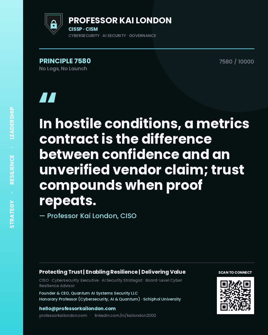 Professor Kai London principle 7580: In hostile conditions, a metrics contract is the difference between confidence and an unverified vendor claim; trust compounds when proof repeats.