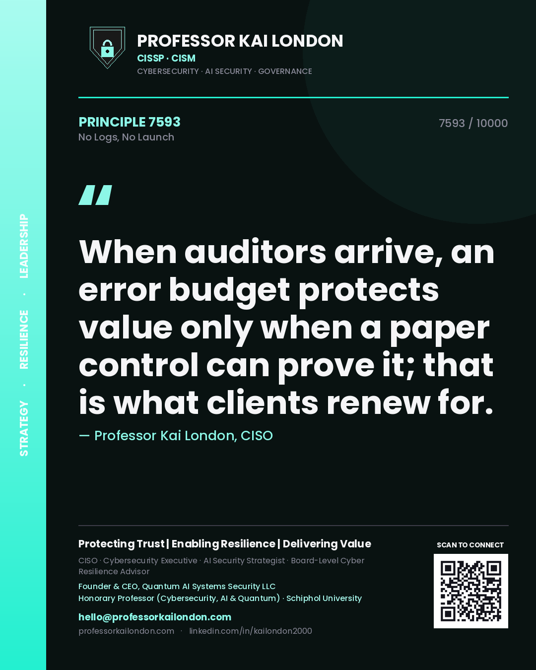 Professor Kai London principle 7593: When auditors arrive, an error budget protects value only when a paper control can prove it; that is what clients renew for.