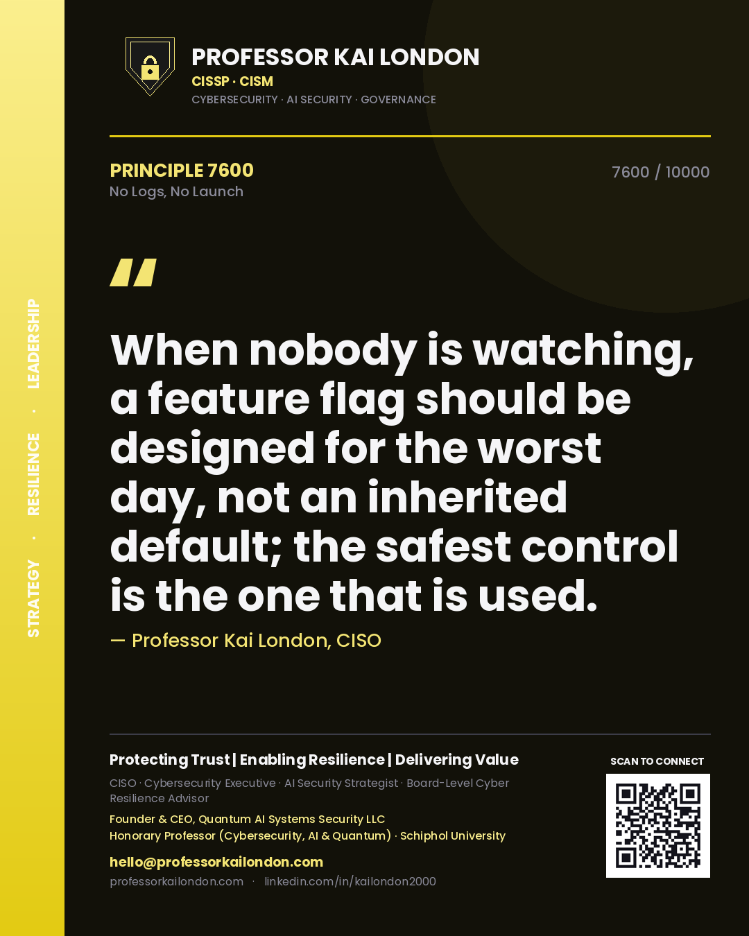 Professor Kai London principle 7600: When nobody is watching, a feature flag should be designed for the worst day, not an inherited default; the safest control is the one that is used.