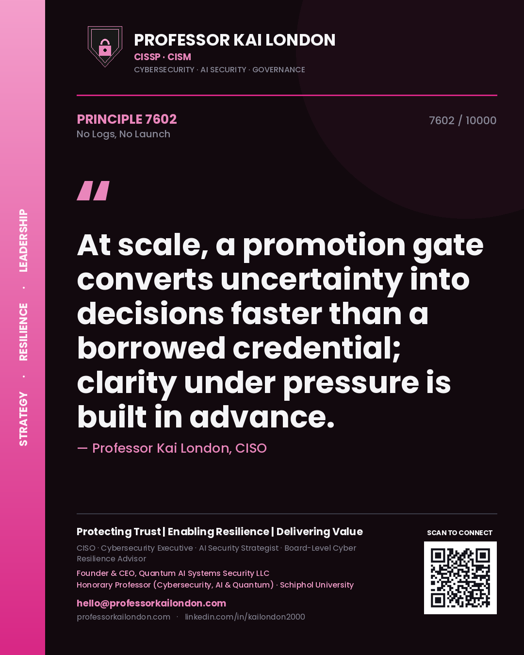 Professor Kai London principle 7602: At scale, a promotion gate converts uncertainty into decisions faster than a borrowed credential; clarity under pressure is built in advance.