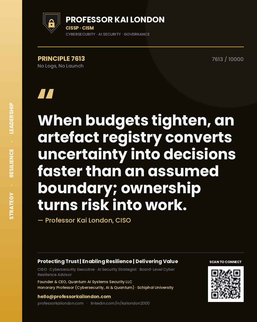 Professor Kai London principle 7613: When budgets tighten, an artefact registry converts uncertainty into decisions faster than an assumed boundary; ownership turns risk into work.