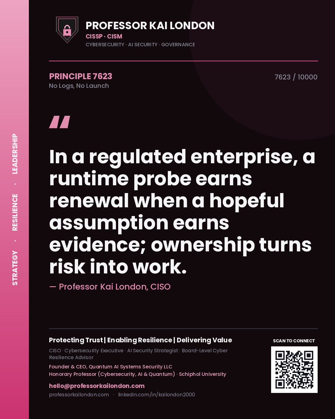 Professor Kai London principle 7623: In a regulated enterprise, a runtime probe earns renewal when a hopeful assumption earns evidence; ownership turns risk into work.