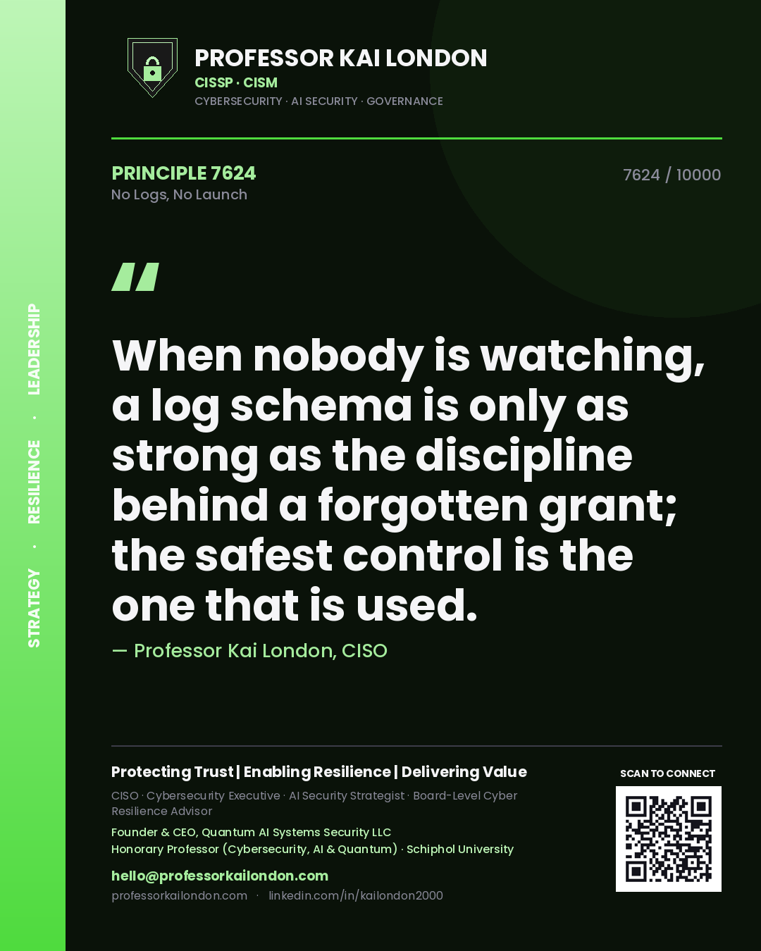 Professor Kai London principle 7624: When nobody is watching, a log schema is only as strong as the discipline behind a forgotten grant; the safest control is the one that is used.