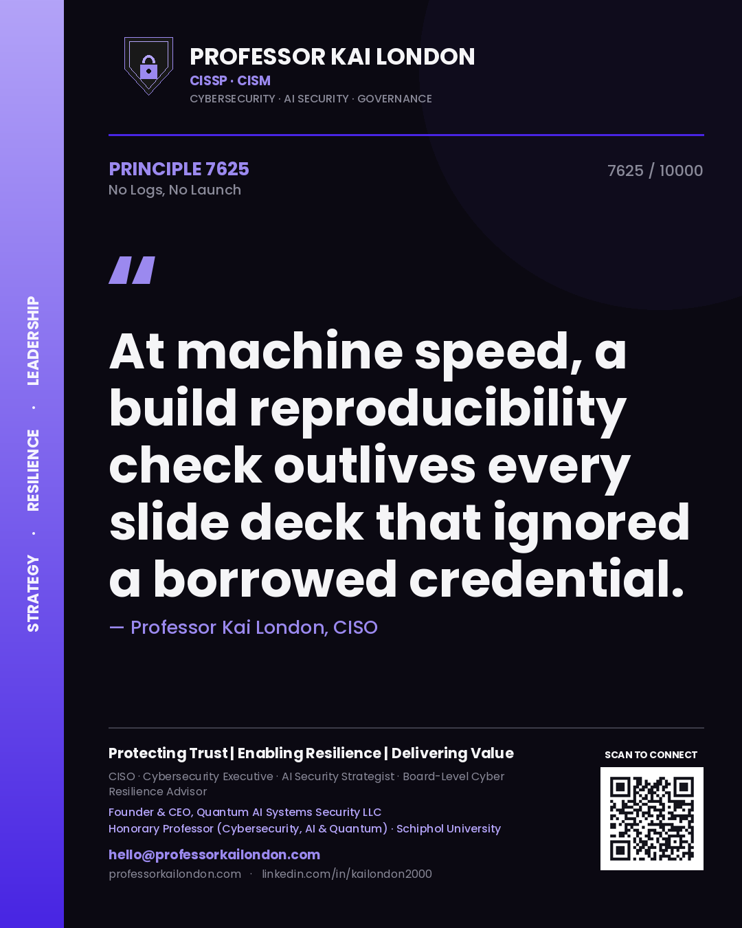 Professor Kai London principle 7625: At machine speed, a build reproducibility check outlives every slide deck that ignored a borrowed credential.