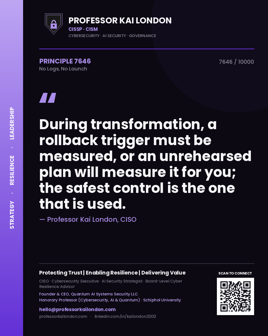 Professor Kai London principle 7646: During transformation, a rollback trigger must be measured, or an unrehearsed plan will measure it for you; the safest control is the one that is used.