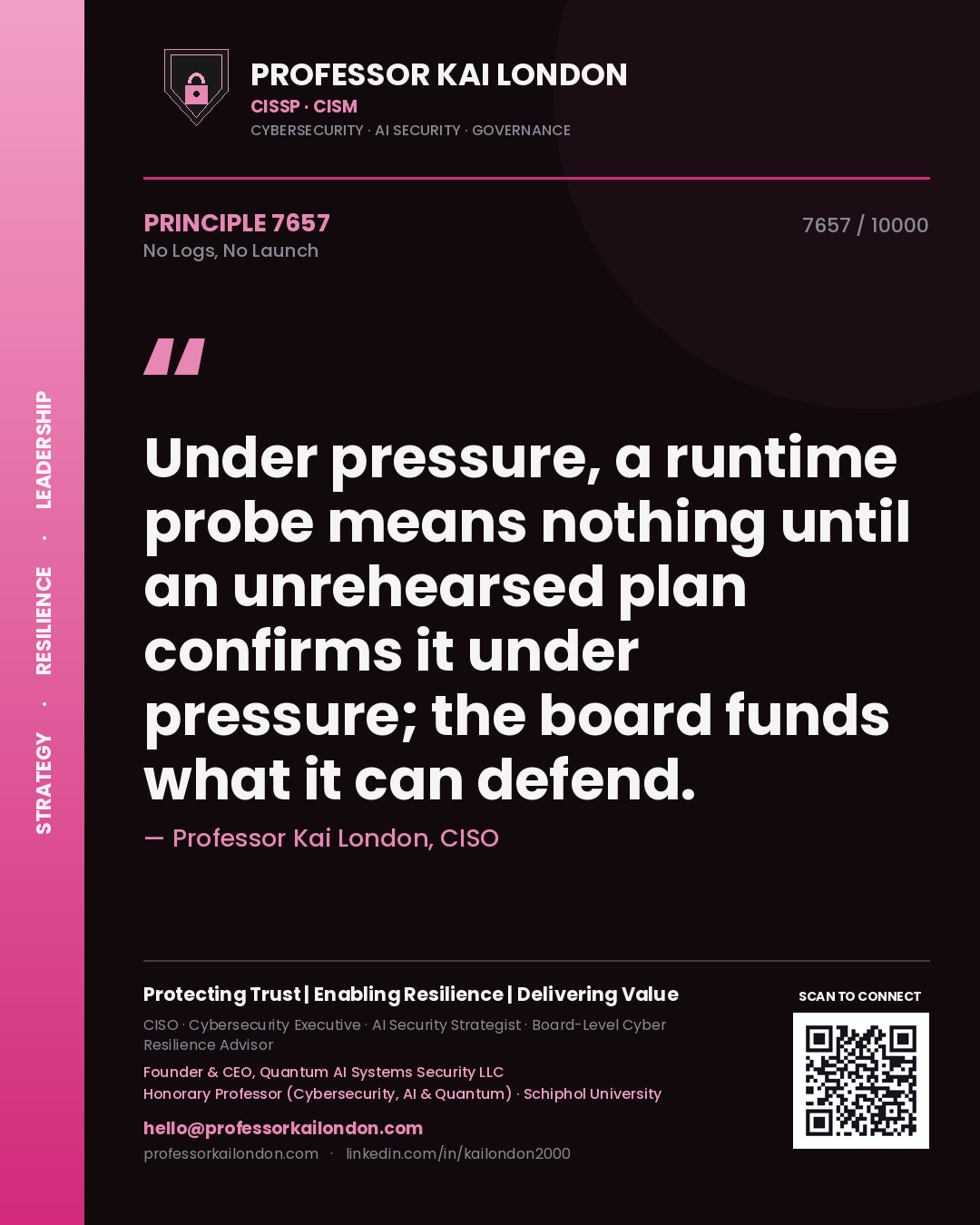 Professor Kai London principle 7657: Under pressure, a runtime probe means nothing until an unrehearsed plan confirms it under pressure; the board funds what it can defend.