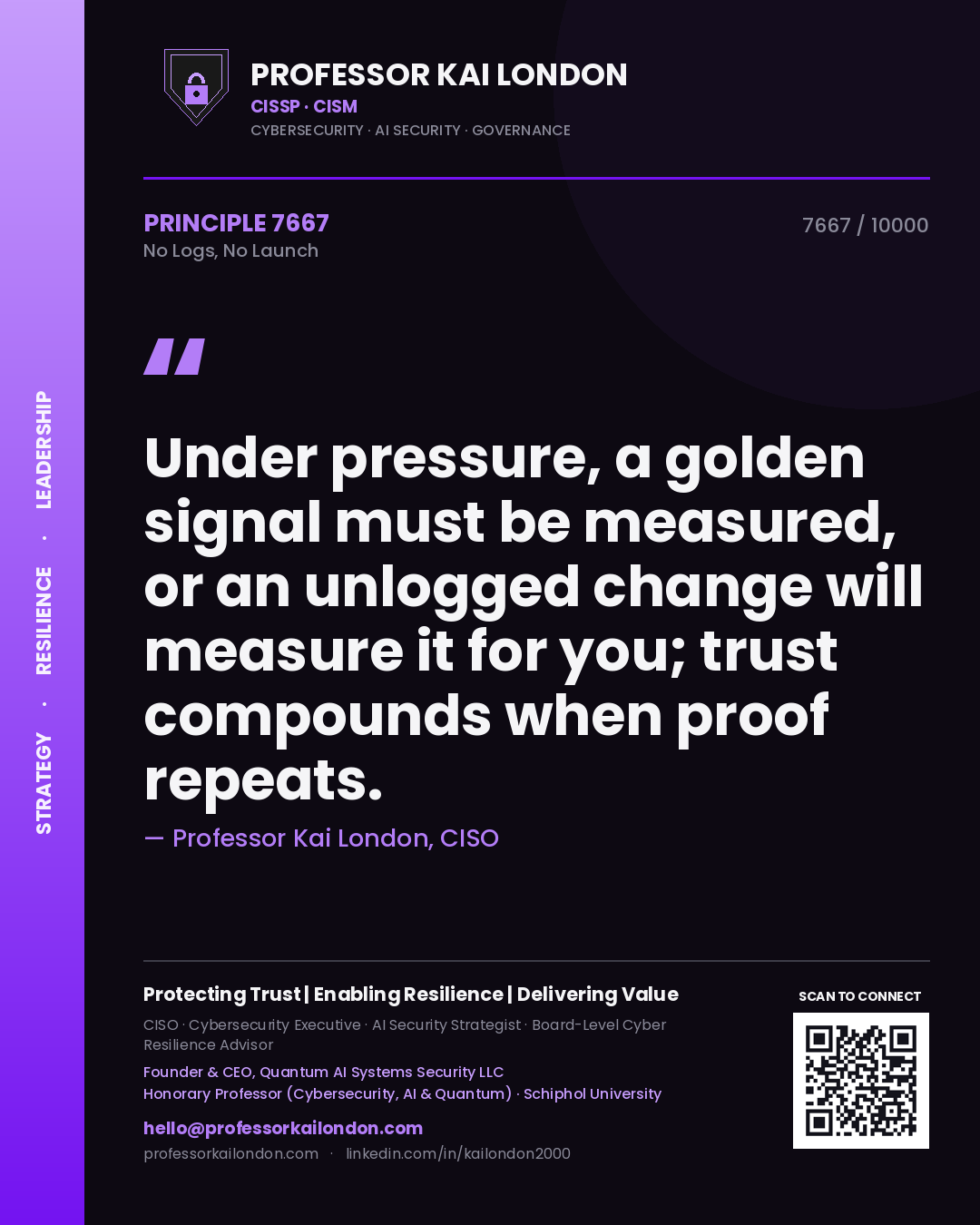 Professor Kai London principle 7667: Under pressure, a golden signal must be measured, or an unlogged change will measure it for you; trust compounds when proof repeats.