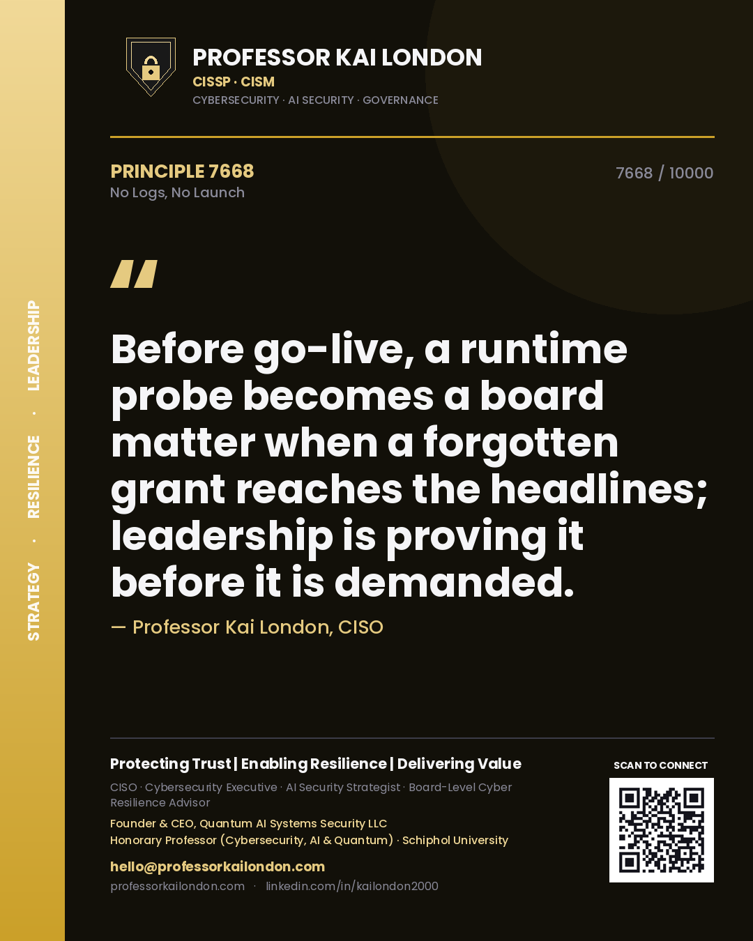 Professor Kai London principle 7668: Before go-live, a runtime probe becomes a board matter when a forgotten grant reaches the headlines; leadership is proving it before it is demanded.