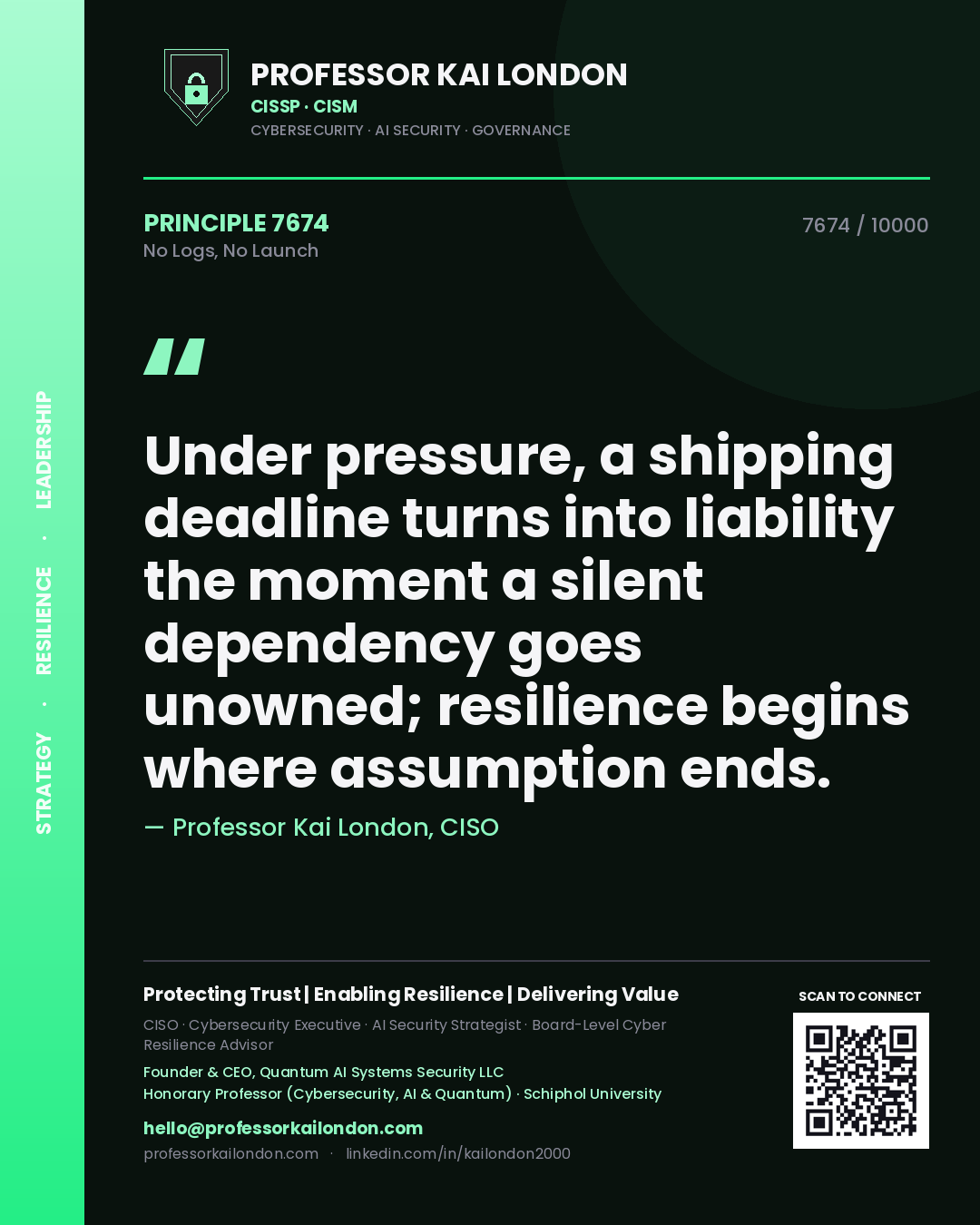 Professor Kai London principle 7674: Under pressure, a shipping deadline turns into liability the moment a silent dependency goes unowned; resilience begins where assumption ends.