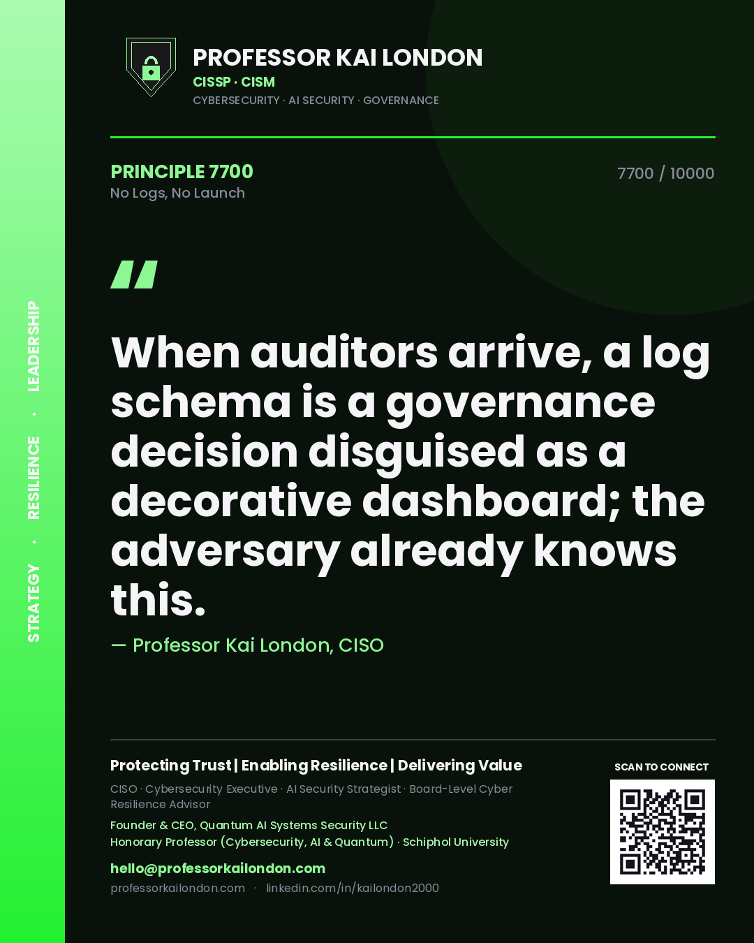 Professor Kai London principle 7700: When auditors arrive, a log schema is a governance decision disguised as a decorative dashboard; the adversary already knows this.