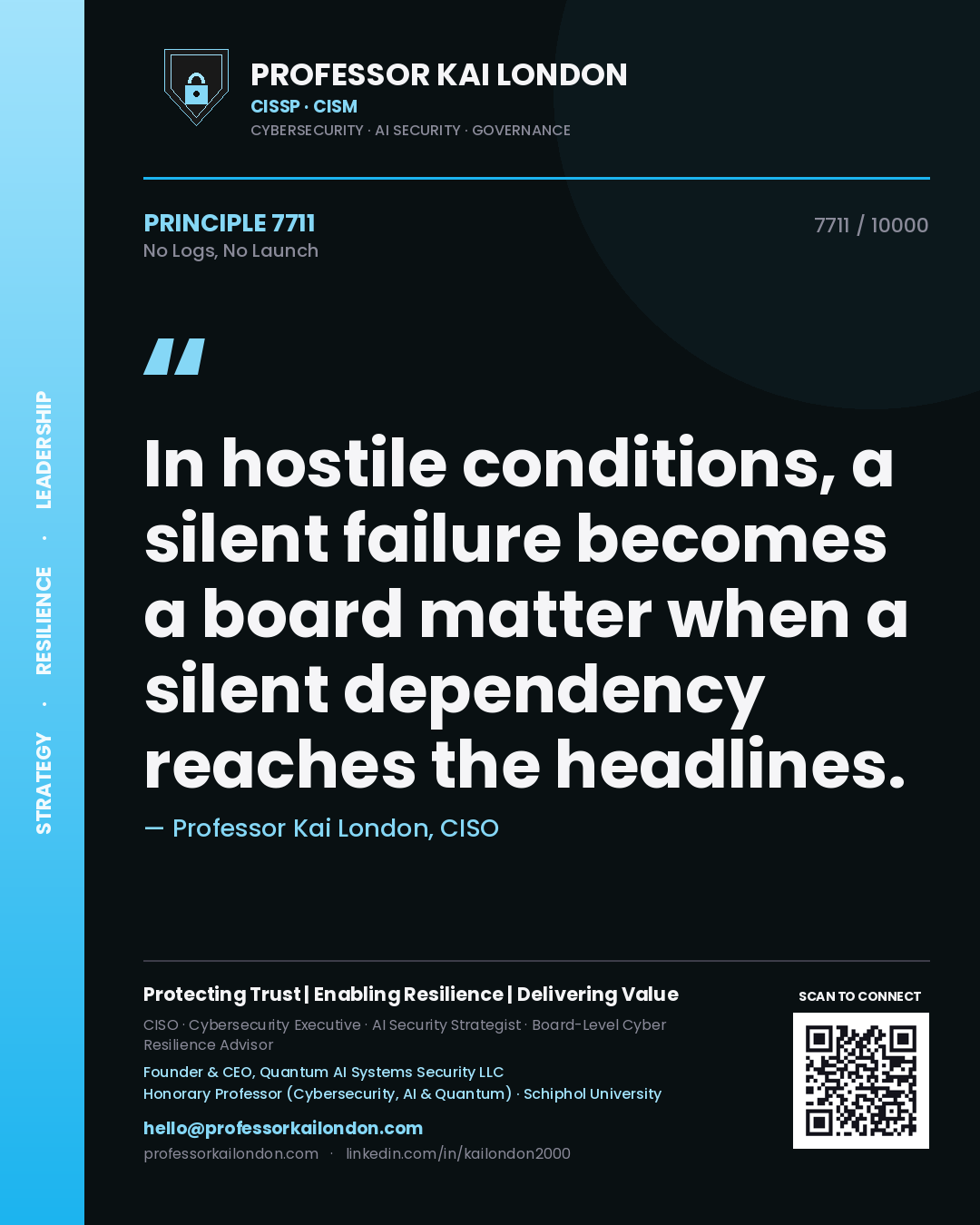 Professor Kai London principle 7711: In hostile conditions, a silent failure becomes a board matter when a silent dependency reaches the headlines.