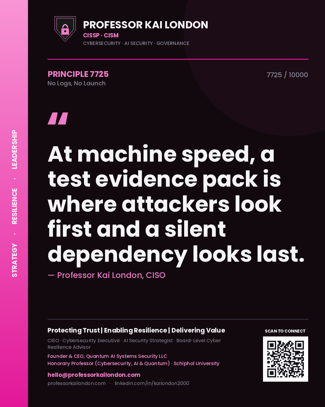 Professor Kai London principle 7725: At machine speed, a test evidence pack is where attackers look first and a silent dependency looks last.