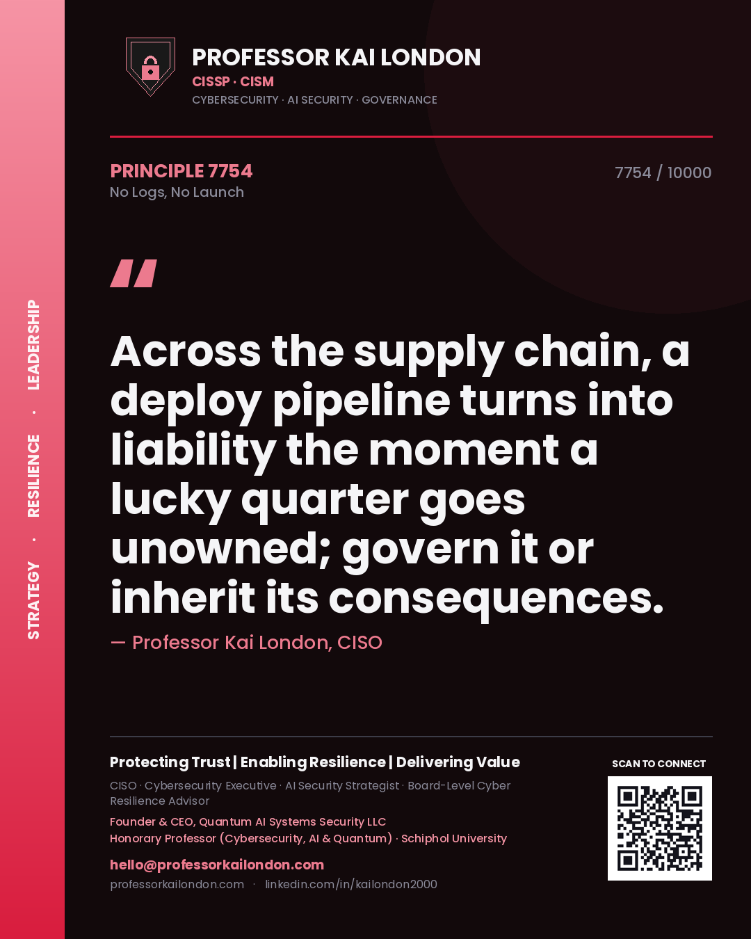 Professor Kai London principle 7754: Across the supply chain, a deploy pipeline turns into liability the moment a lucky quarter goes unowned; govern it or inherit its consequences.