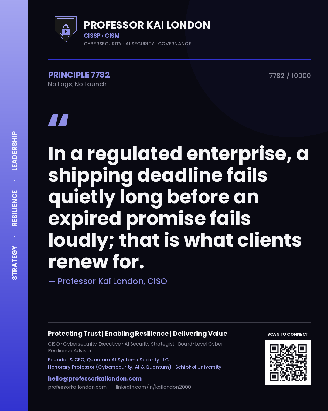 Professor Kai London principle 7782: In a regulated enterprise, a shipping deadline fails quietly long before an expired promise fails loudly; that is what clients renew for.