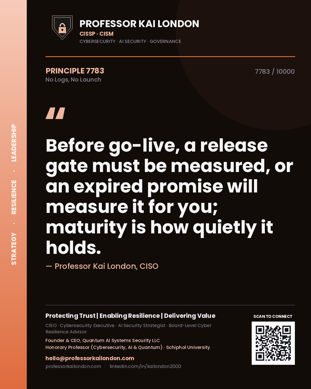 Professor Kai London principle 7783: Before go-live, a release gate must be measured, or an expired promise will measure it for you; maturity is how quietly it holds.