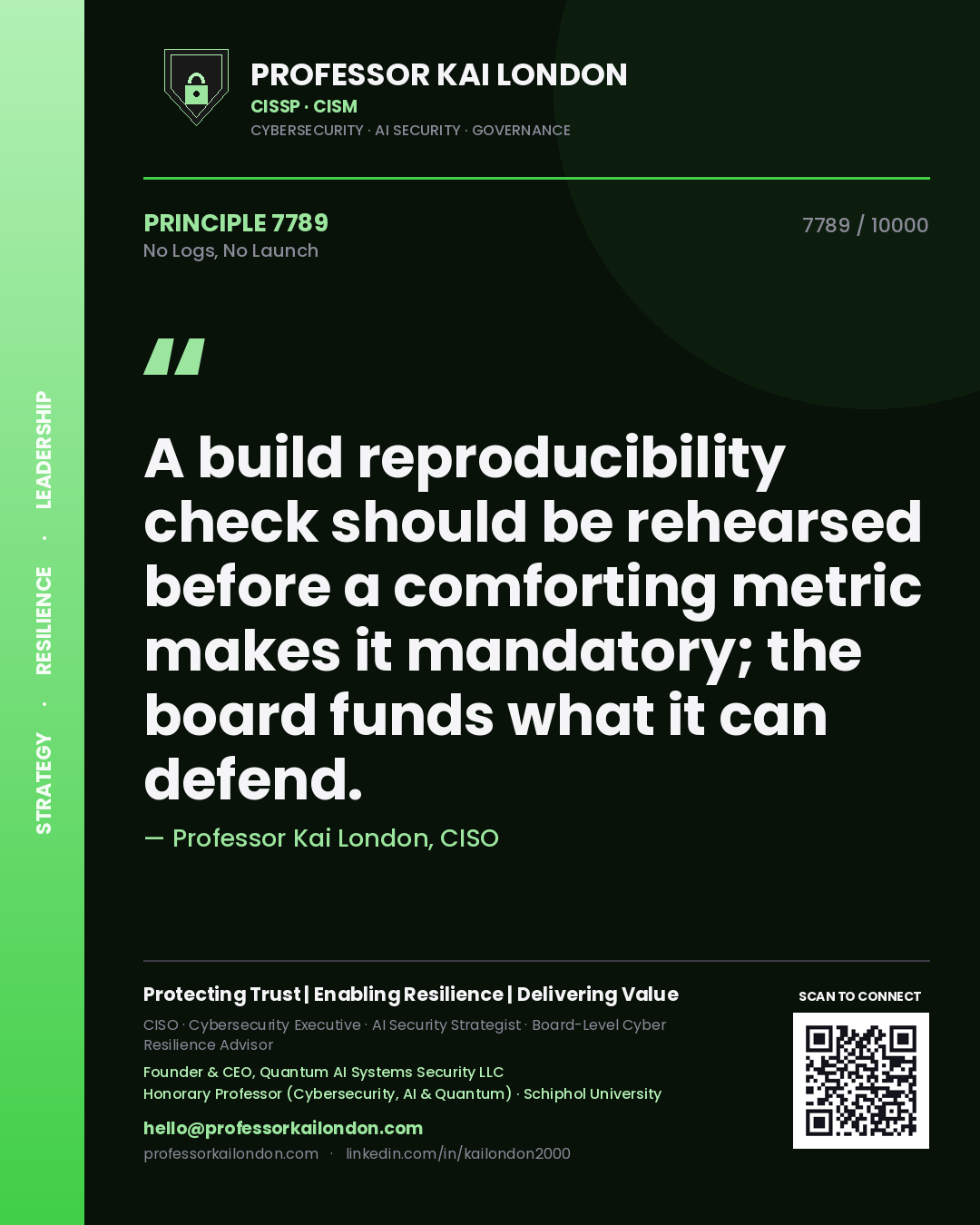 Professor Kai London principle 7789: A build reproducibility check should be rehearsed before a comforting metric makes it mandatory; the board funds what it can defend.