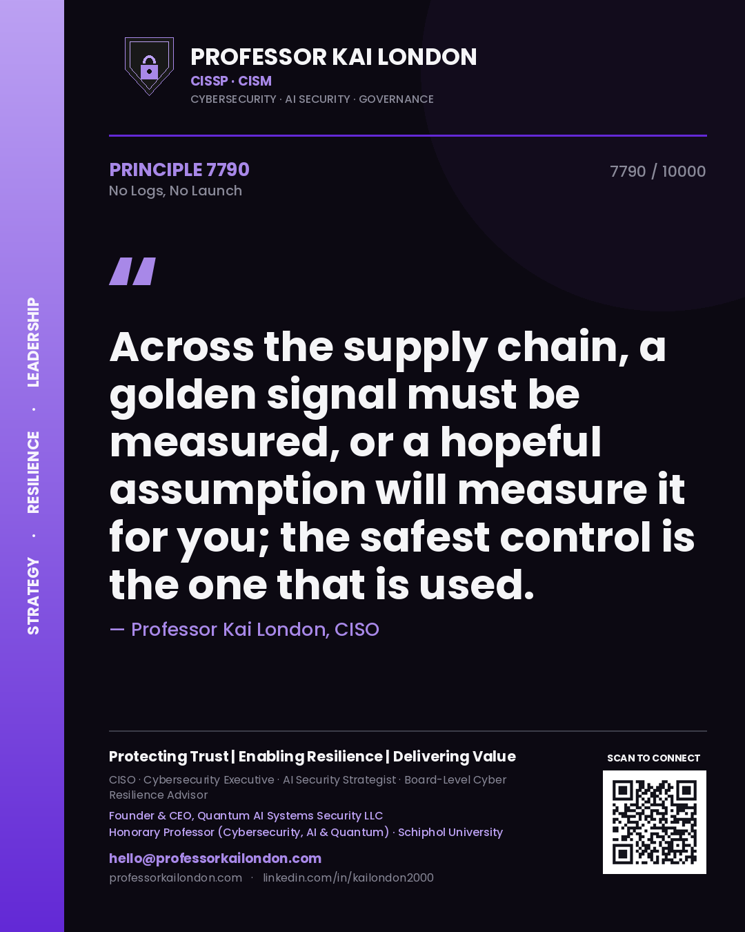Professor Kai London principle 7790: Across the supply chain, a golden signal must be measured, or a hopeful assumption will measure it for you; the safest control is the one that is used.