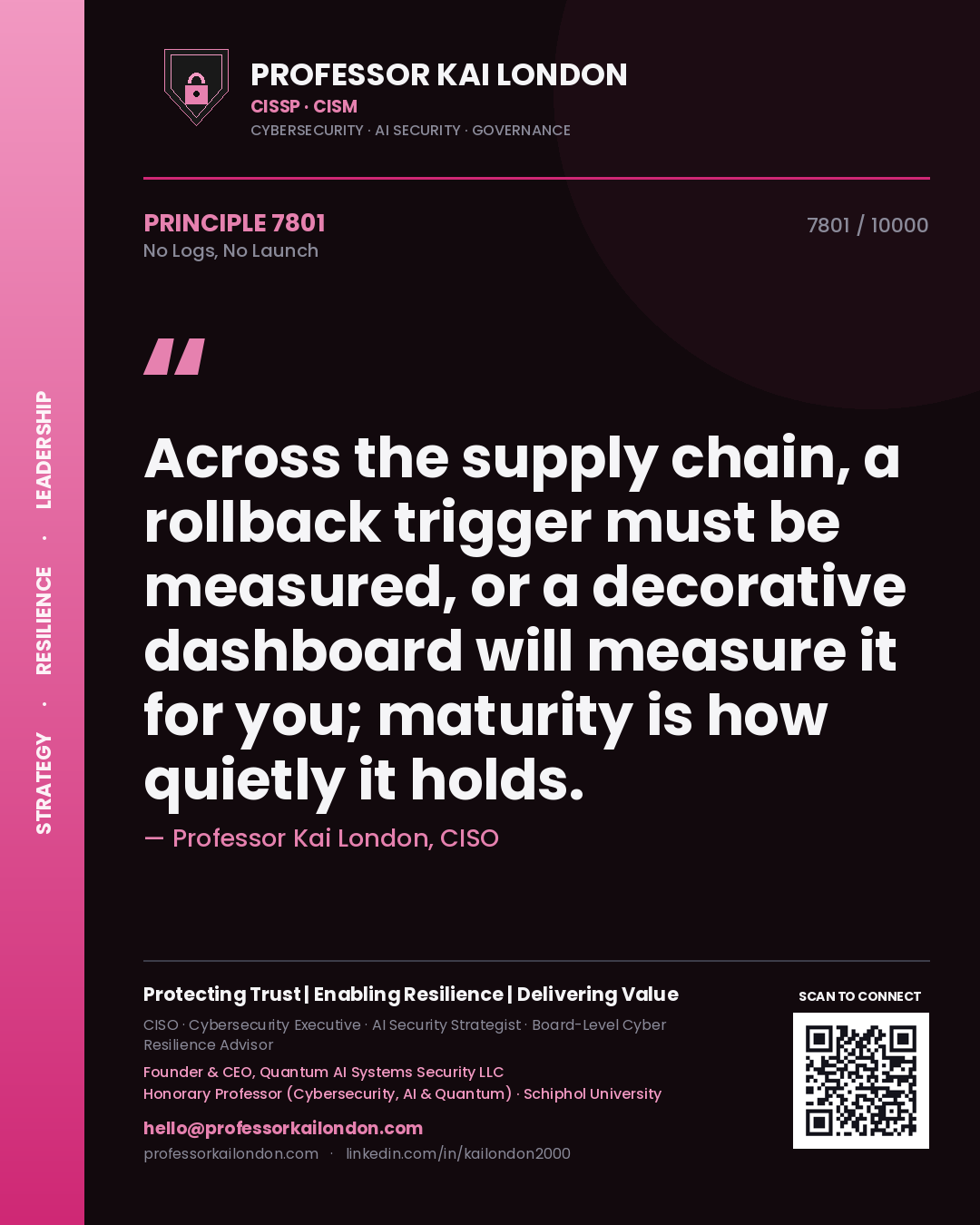 Professor Kai London principle 7801: Across the supply chain, a rollback trigger must be measured, or a decorative dashboard will measure it for you; maturity is how quietly it holds.