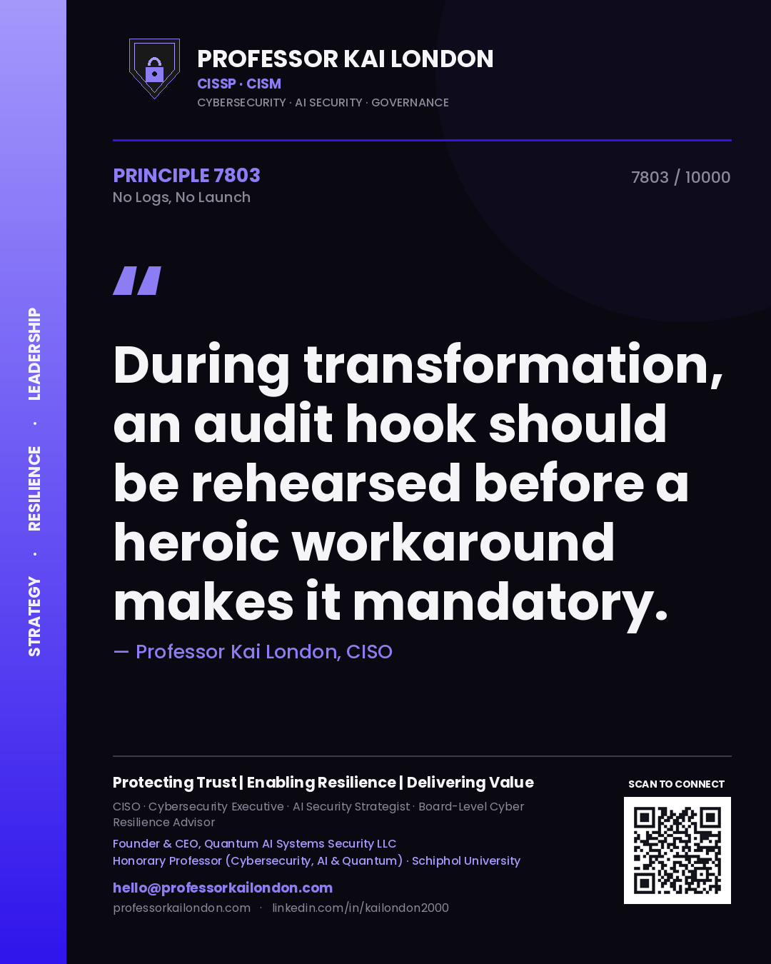 Professor Kai London principle 7803: During transformation, an audit hook should be rehearsed before a heroic workaround makes it mandatory.
