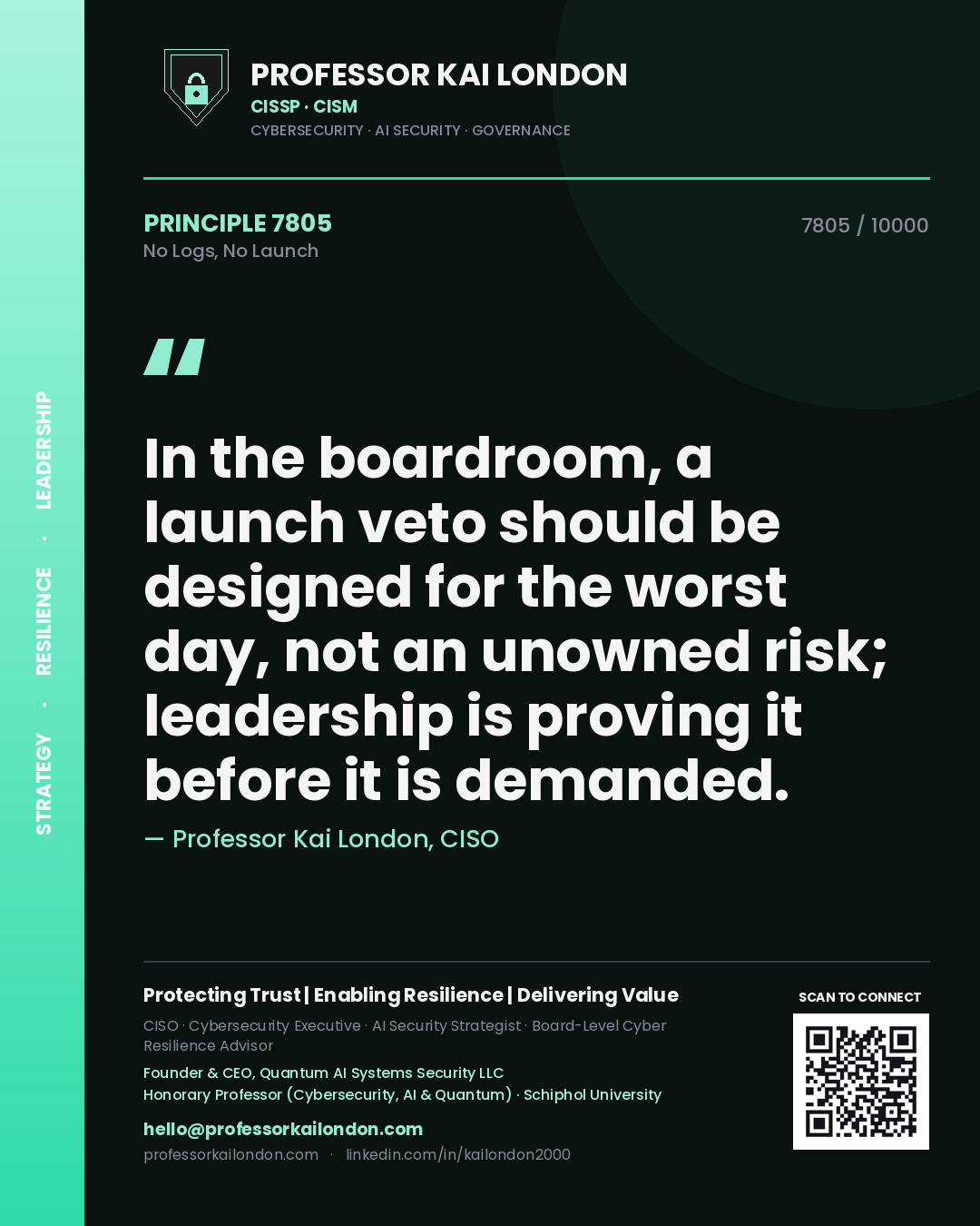 Professor Kai London principle 7805: In the boardroom, a launch veto should be designed for the worst day, not an unowned risk; leadership is proving it before it is demanded.