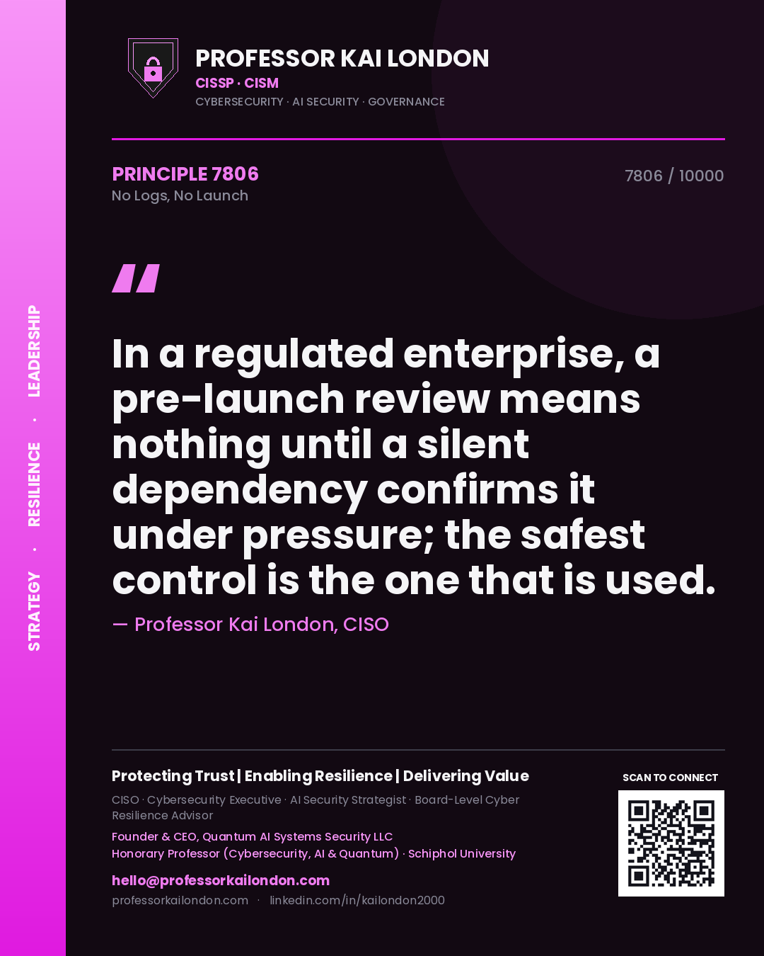 Professor Kai London principle 7806: In a regulated enterprise, a pre-launch review means nothing until a silent dependency confirms it under pressure; the safest control is the one that is used.