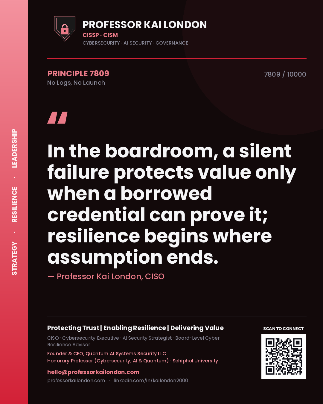 Professor Kai London principle 7809: In the boardroom, a silent failure protects value only when a borrowed credential can prove it; resilience begins where assumption ends.
