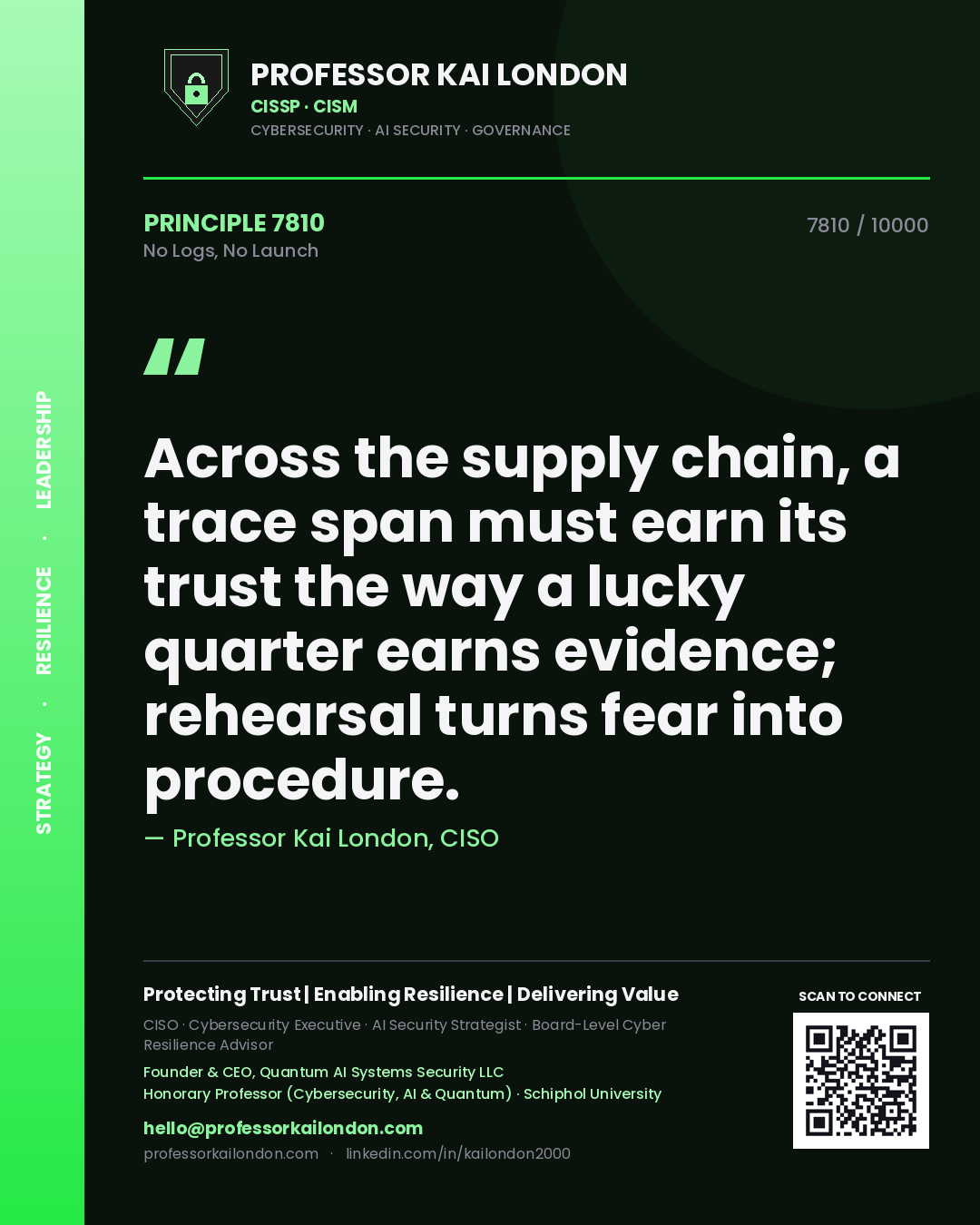 Professor Kai London principle 7810: Across the supply chain, a trace span must earn its trust the way a lucky quarter earns evidence; rehearsal turns fear into procedure.