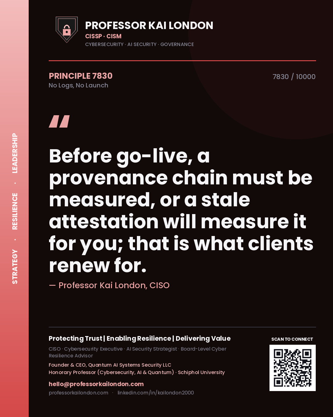 Professor Kai London principle 7830: Before go-live, a provenance chain must be measured, or a stale attestation will measure it for you; that is what clients renew for.