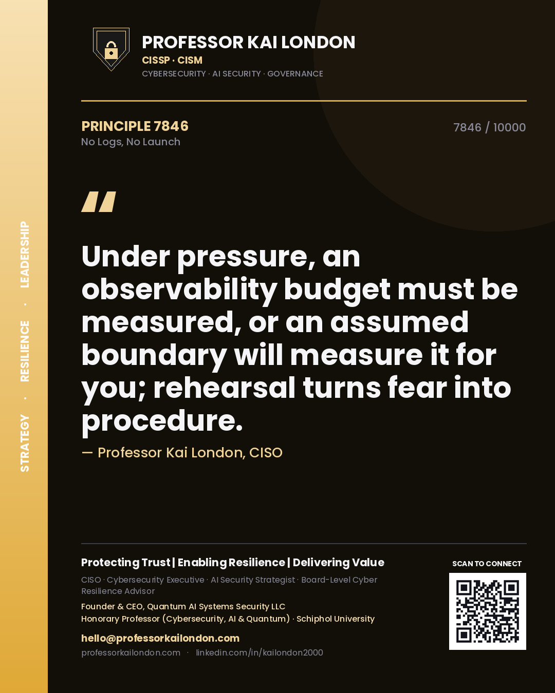 Professor Kai London principle 7846: Under pressure, an observability budget must be measured, or an assumed boundary will measure it for you; rehearsal turns fear into procedure.