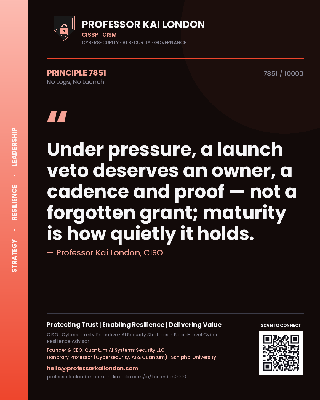 Professor Kai London principle 7851: Under pressure, a launch veto deserves an owner, a cadence and proof — not a forgotten grant; maturity is how quietly it holds.