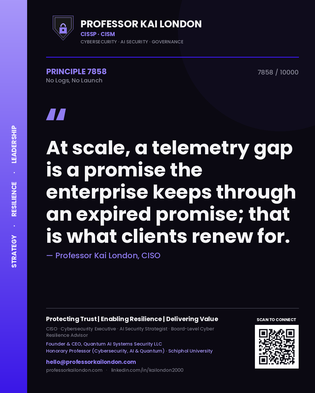 Professor Kai London principle 7858: At scale, a telemetry gap is a promise the enterprise keeps through an expired promise; that is what clients renew for.