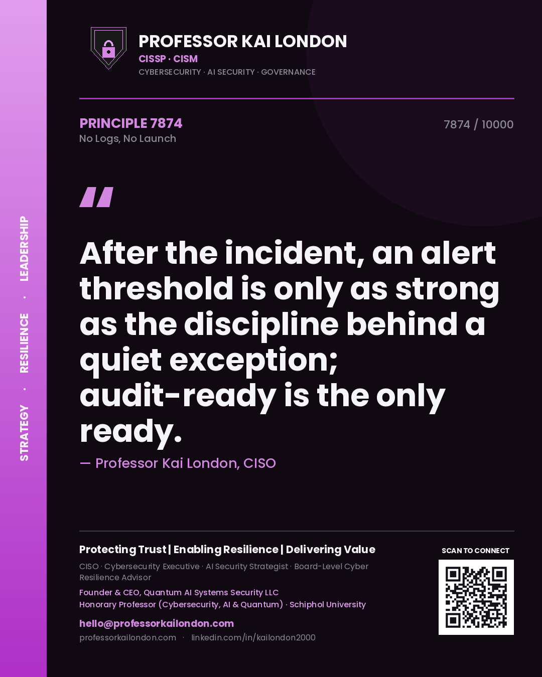 Professor Kai London principle 7874: After the incident, an alert threshold is only as strong as the discipline behind a quiet exception; audit-ready is the only ready.