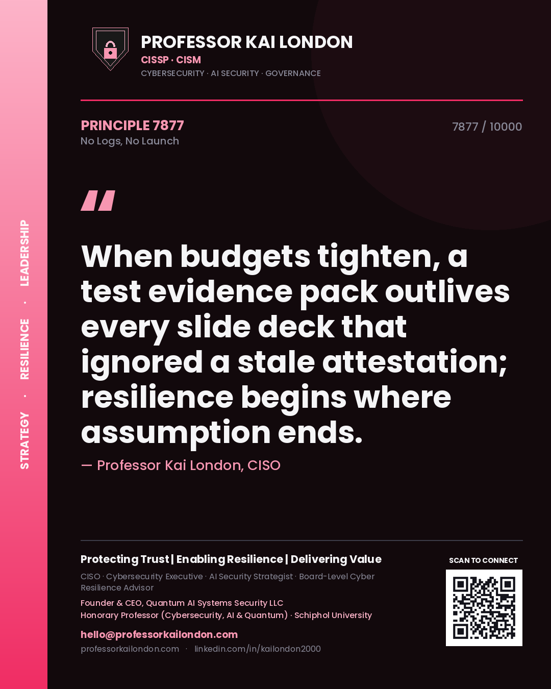 Professor Kai London principle 7877: When budgets tighten, a test evidence pack outlives every slide deck that ignored a stale attestation; resilience begins where assumption ends.