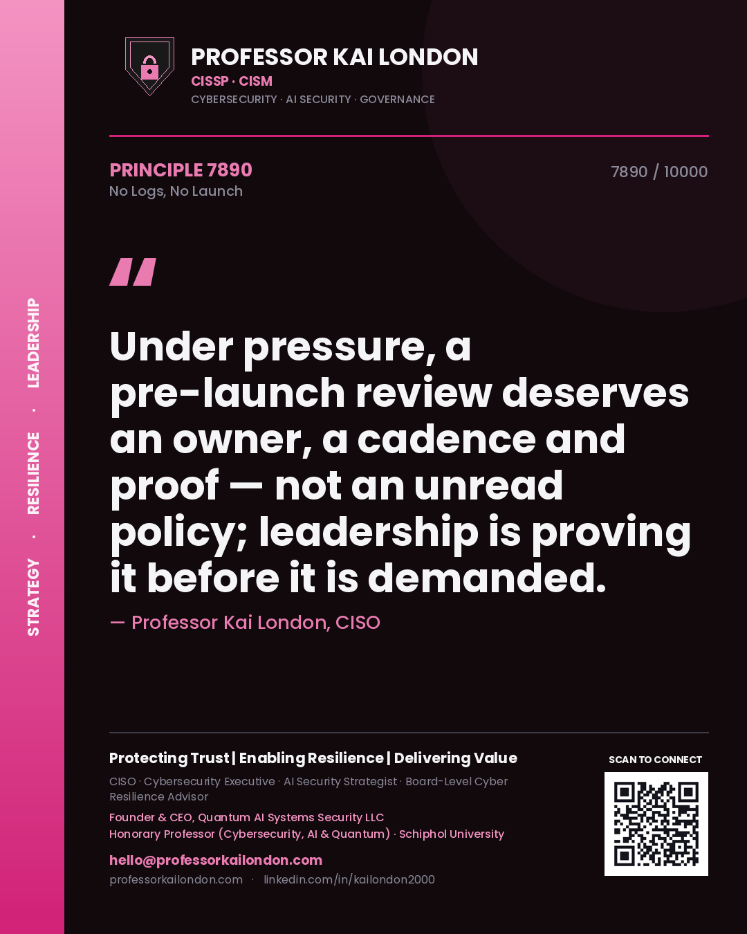 Professor Kai London principle 7890: Under pressure, a pre-launch review deserves an owner, a cadence and proof — not an unread policy; leadership is proving it before it is demanded.