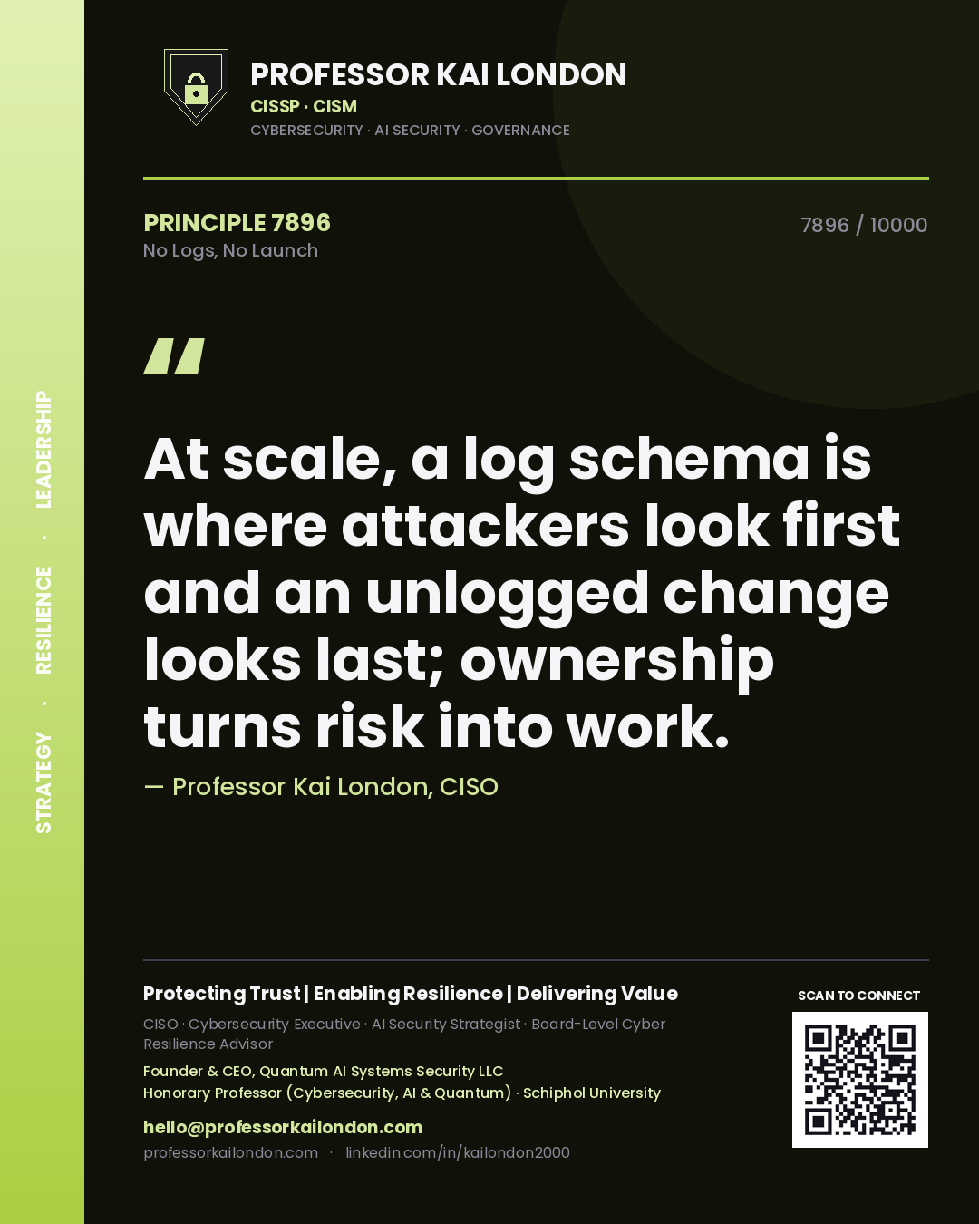 Professor Kai London principle 7896: At scale, a log schema is where attackers look first and an unlogged change looks last; ownership turns risk into work.