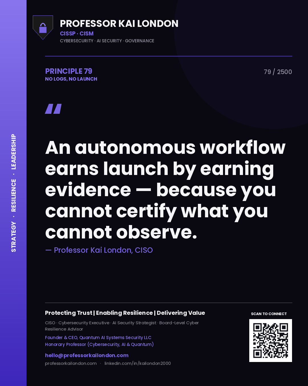 Professor Kai London principle 79: An autonomous workflow earns launch by earning evidence — because you cannot certify what you cannot observe.