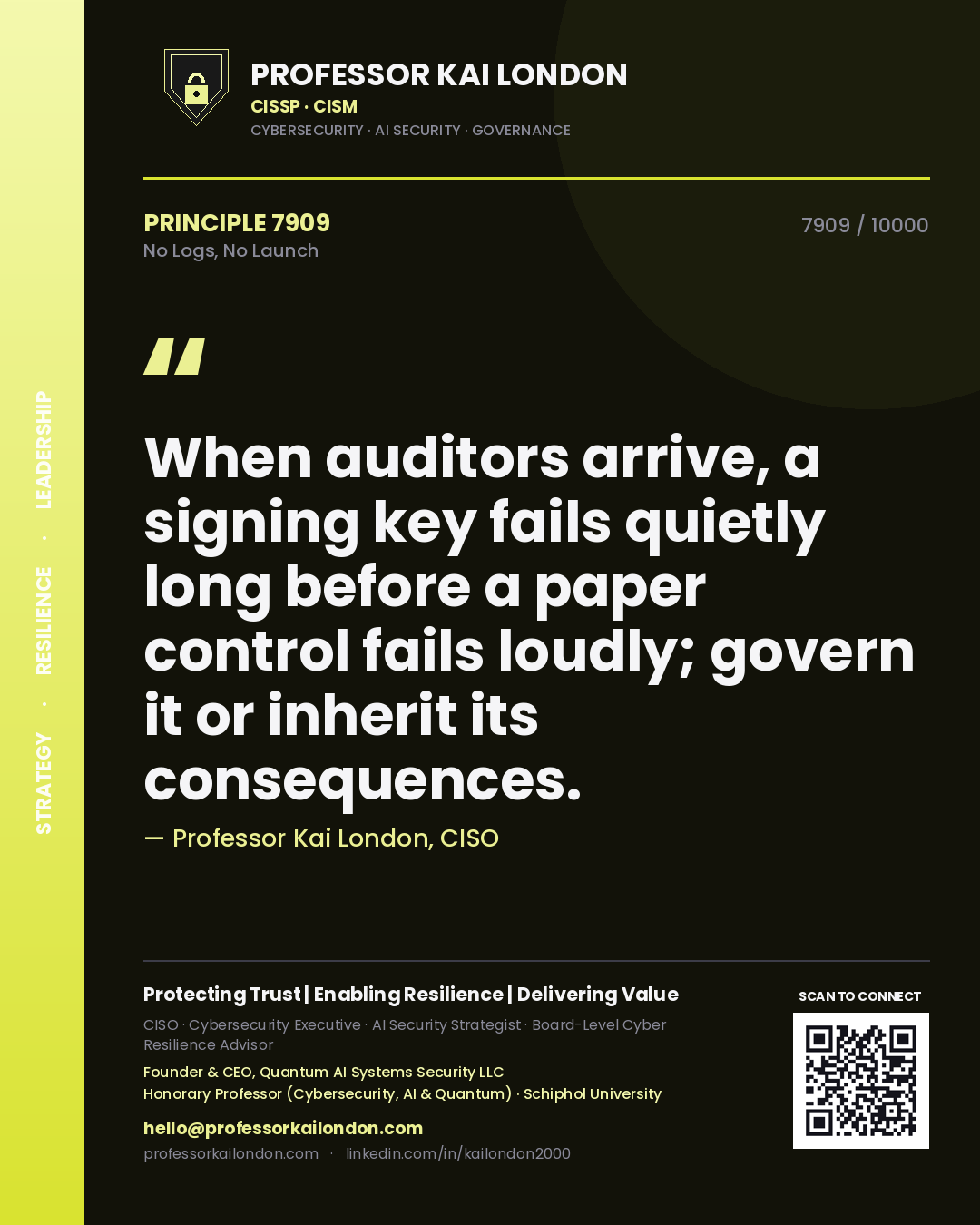 Professor Kai London principle 7909: When auditors arrive, a signing key fails quietly long before a paper control fails loudly; govern it or inherit its consequences.