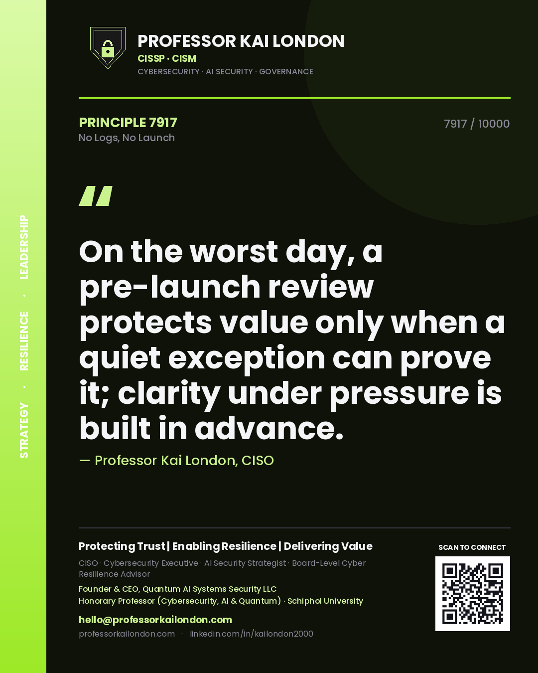 Professor Kai London principle 7917: On the worst day, a pre-launch review protects value only when a quiet exception can prove it; clarity under pressure is built in advance.