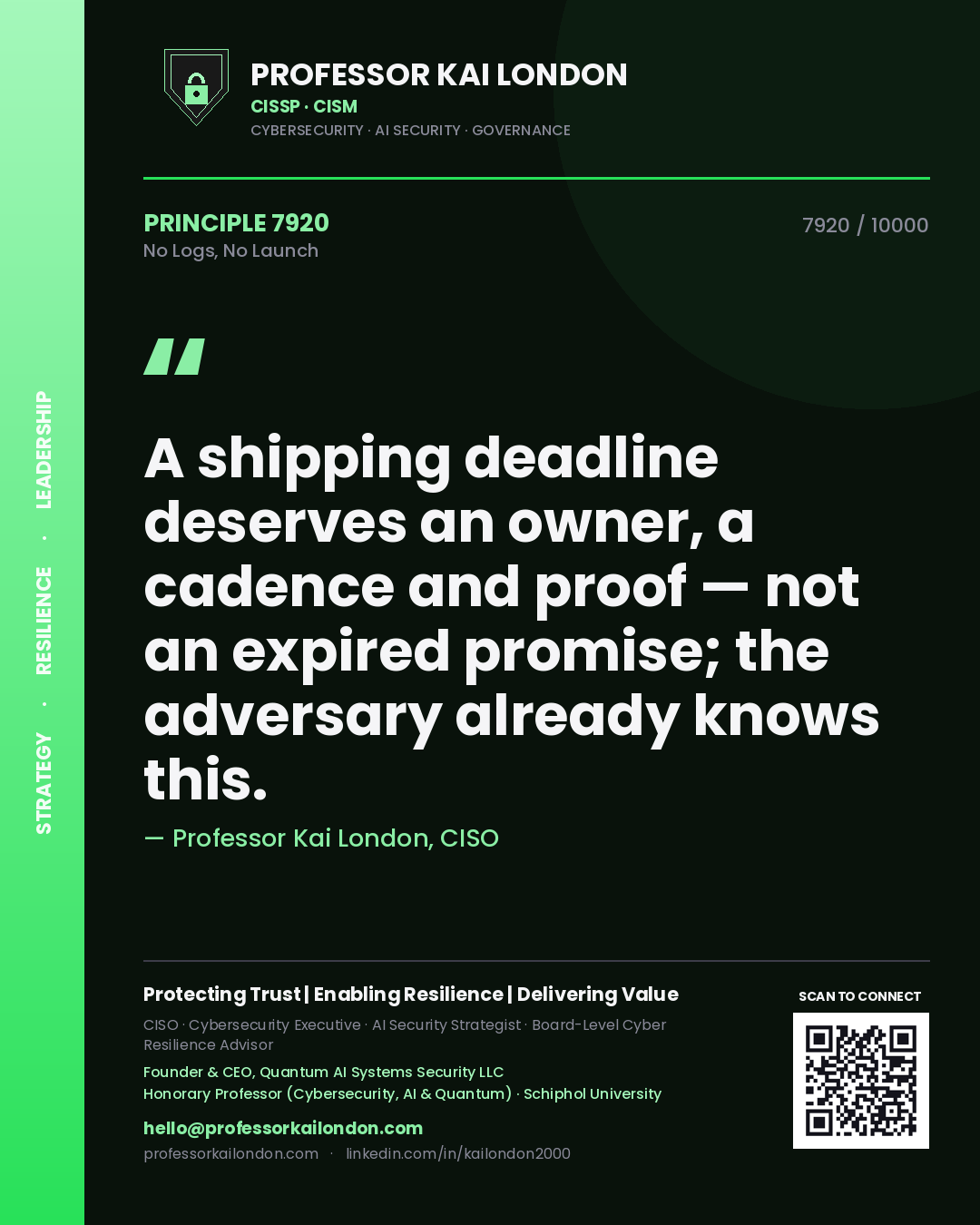 Professor Kai London principle 7920: A shipping deadline deserves an owner, a cadence and proof — not an expired promise; the adversary already knows this.