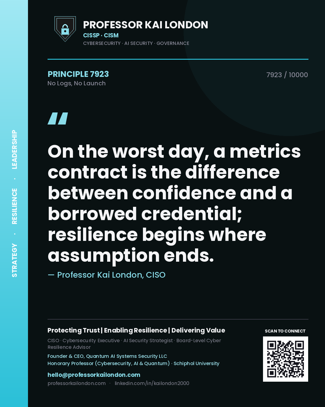 Professor Kai London principle 7923: On the worst day, a metrics contract is the difference between confidence and a borrowed credential; resilience begins where assumption ends.