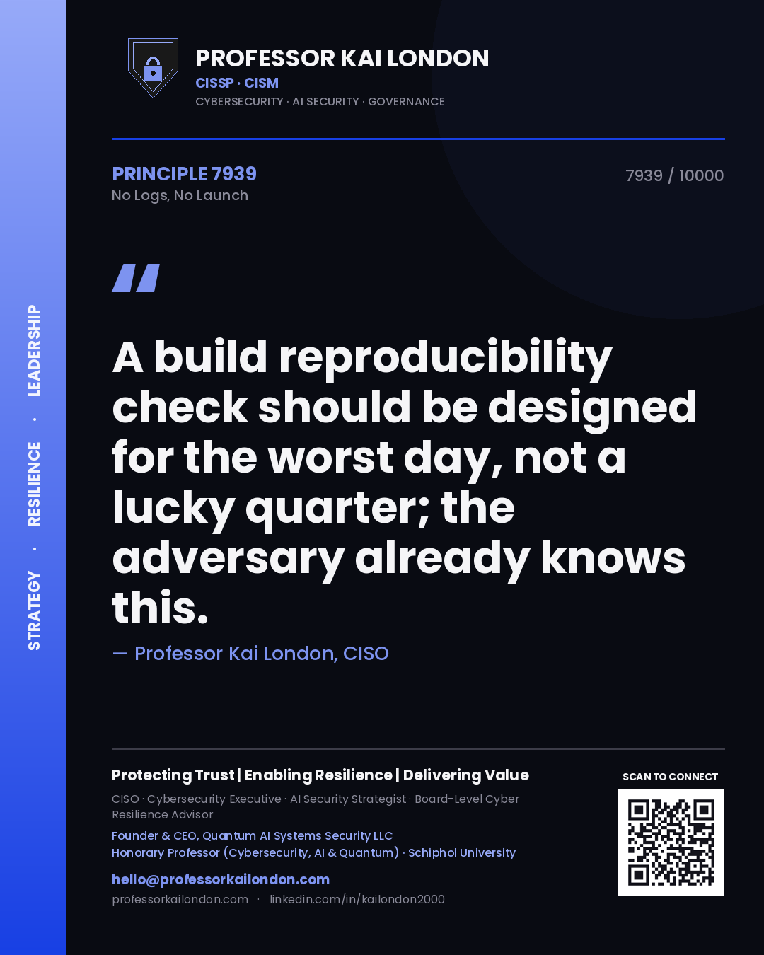 Professor Kai London principle 7939: A build reproducibility check should be designed for the worst day, not a lucky quarter; the adversary already knows this.