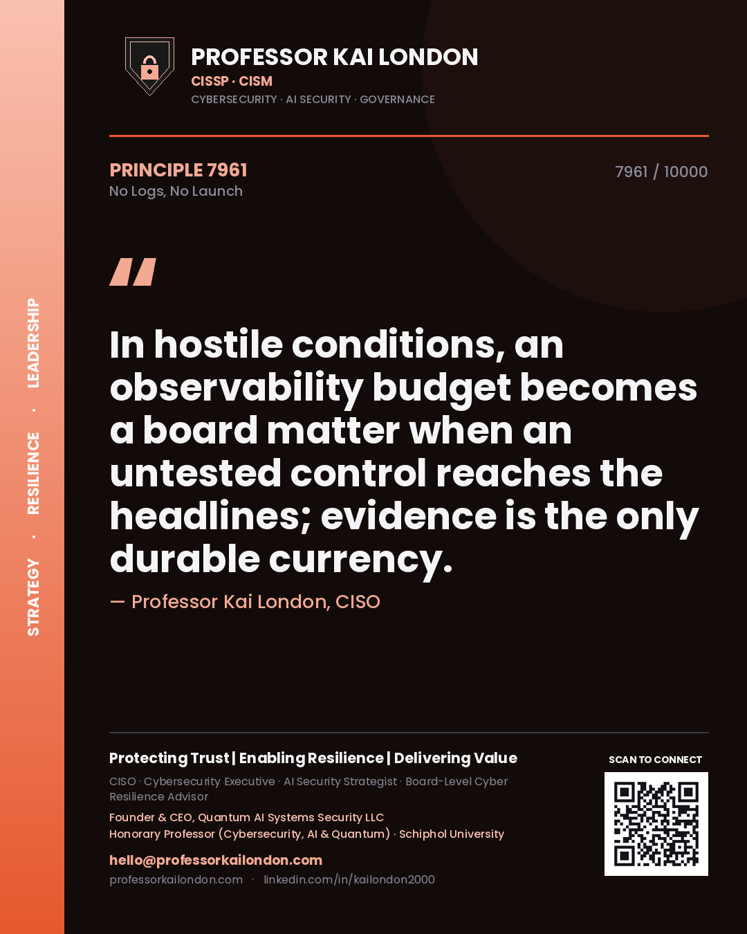 Professor Kai London principle 7961: In hostile conditions, an observability budget becomes a board matter when an untested control reaches the headlines; evidence is the only durable currency.