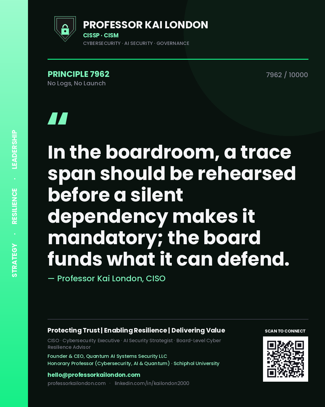 Professor Kai London principle 7962: In the boardroom, a trace span should be rehearsed before a silent dependency makes it mandatory; the board funds what it can defend.