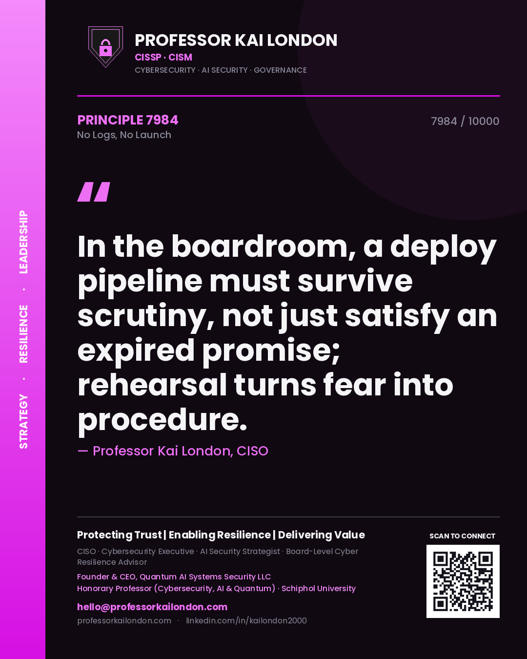 Professor Kai London principle 7984: In the boardroom, a deploy pipeline must survive scrutiny, not just satisfy an expired promise; rehearsal turns fear into procedure.