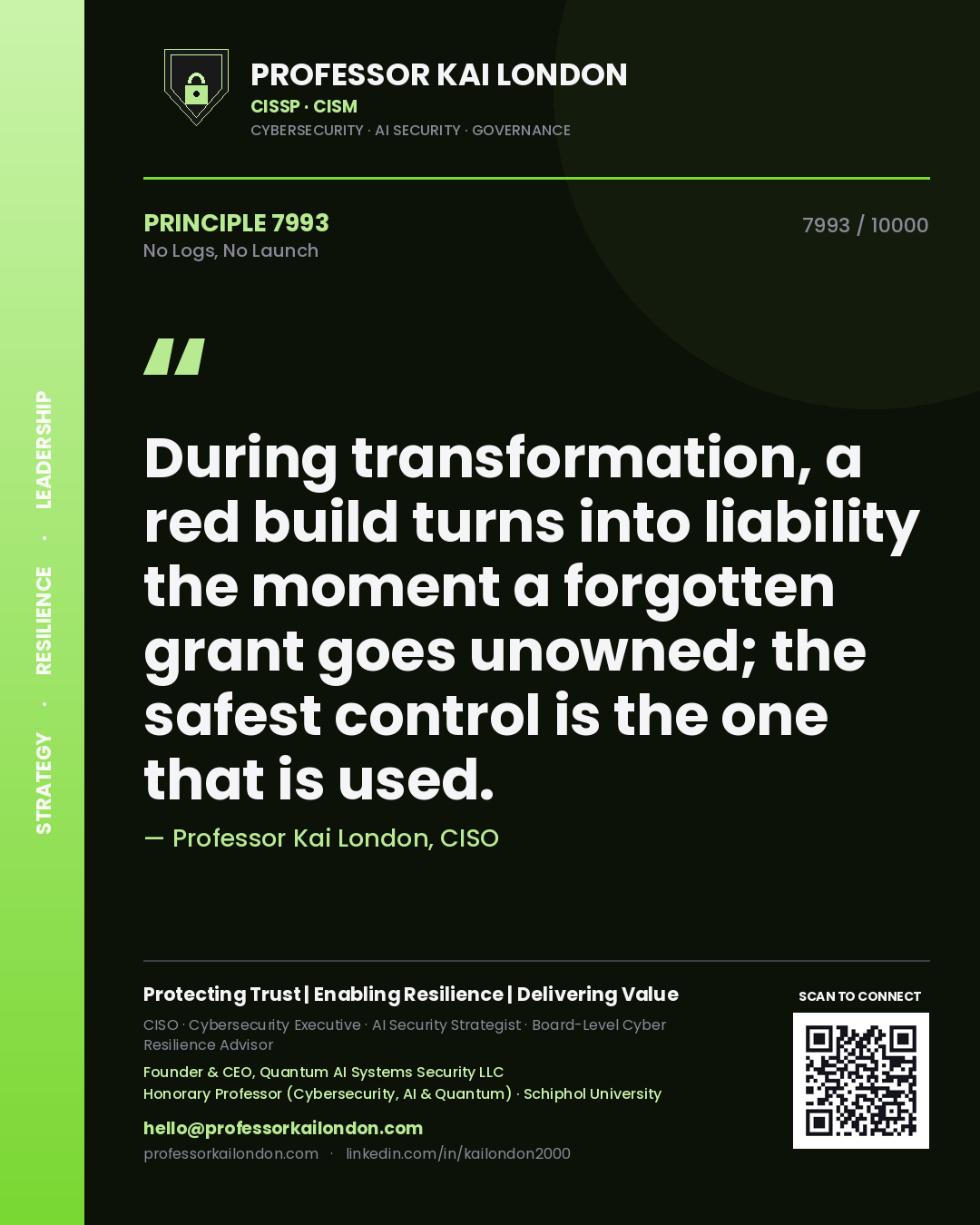 Professor Kai London principle 7993: During transformation, a red build turns into liability the moment a forgotten grant goes unowned; the safest control is the one that is used.