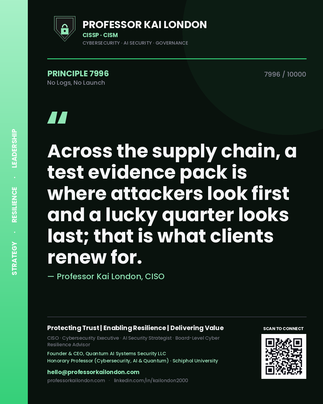 Professor Kai London principle 7996: Across the supply chain, a test evidence pack is where attackers look first and a lucky quarter looks last; that is what clients renew for.