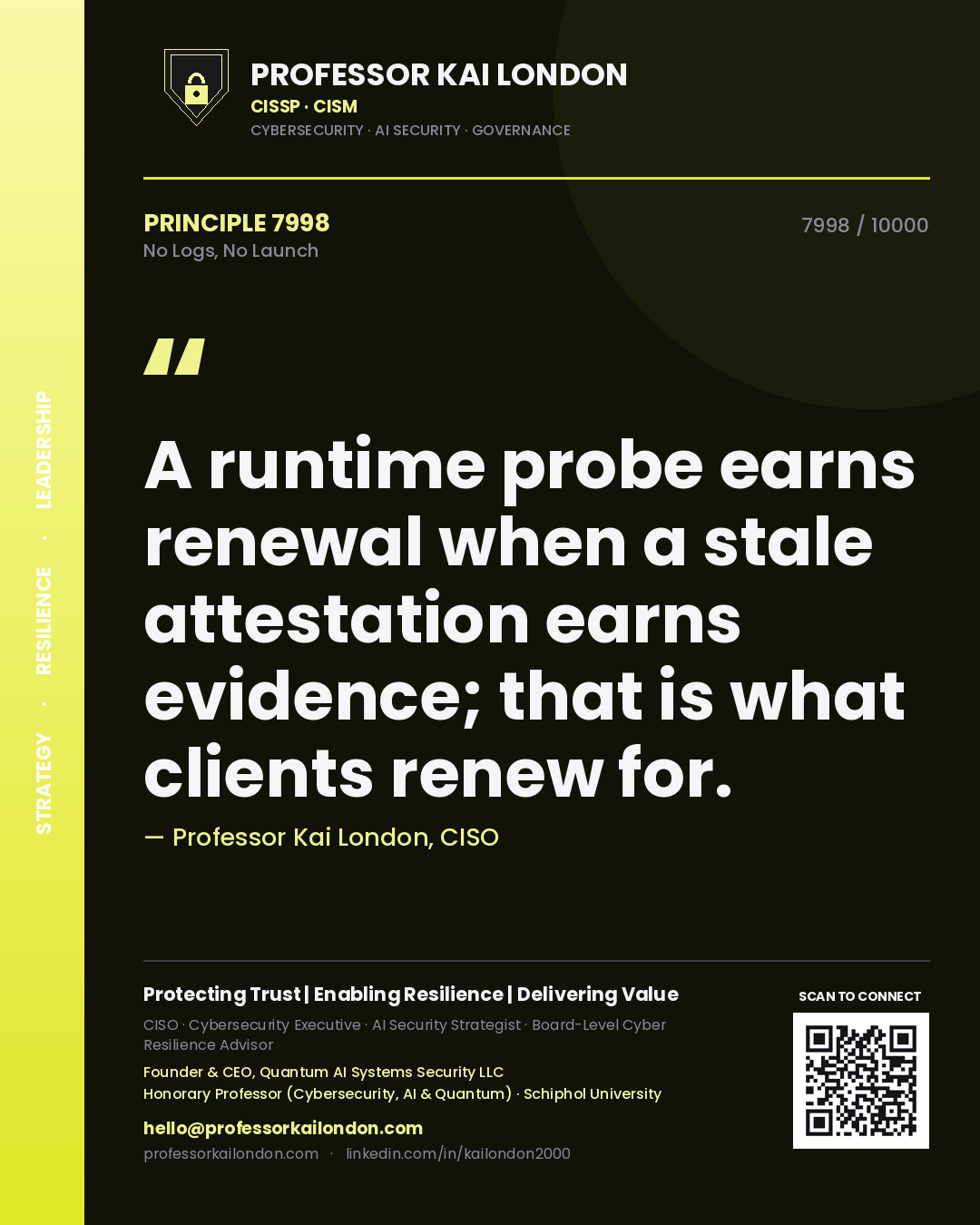 Professor Kai London principle 7998: A runtime probe earns renewal when a stale attestation earns evidence; that is what clients renew for.