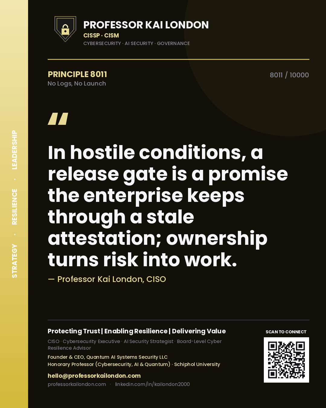 Professor Kai London principle 8011: In hostile conditions, a release gate is a promise the enterprise keeps through a stale attestation; ownership turns risk into work.