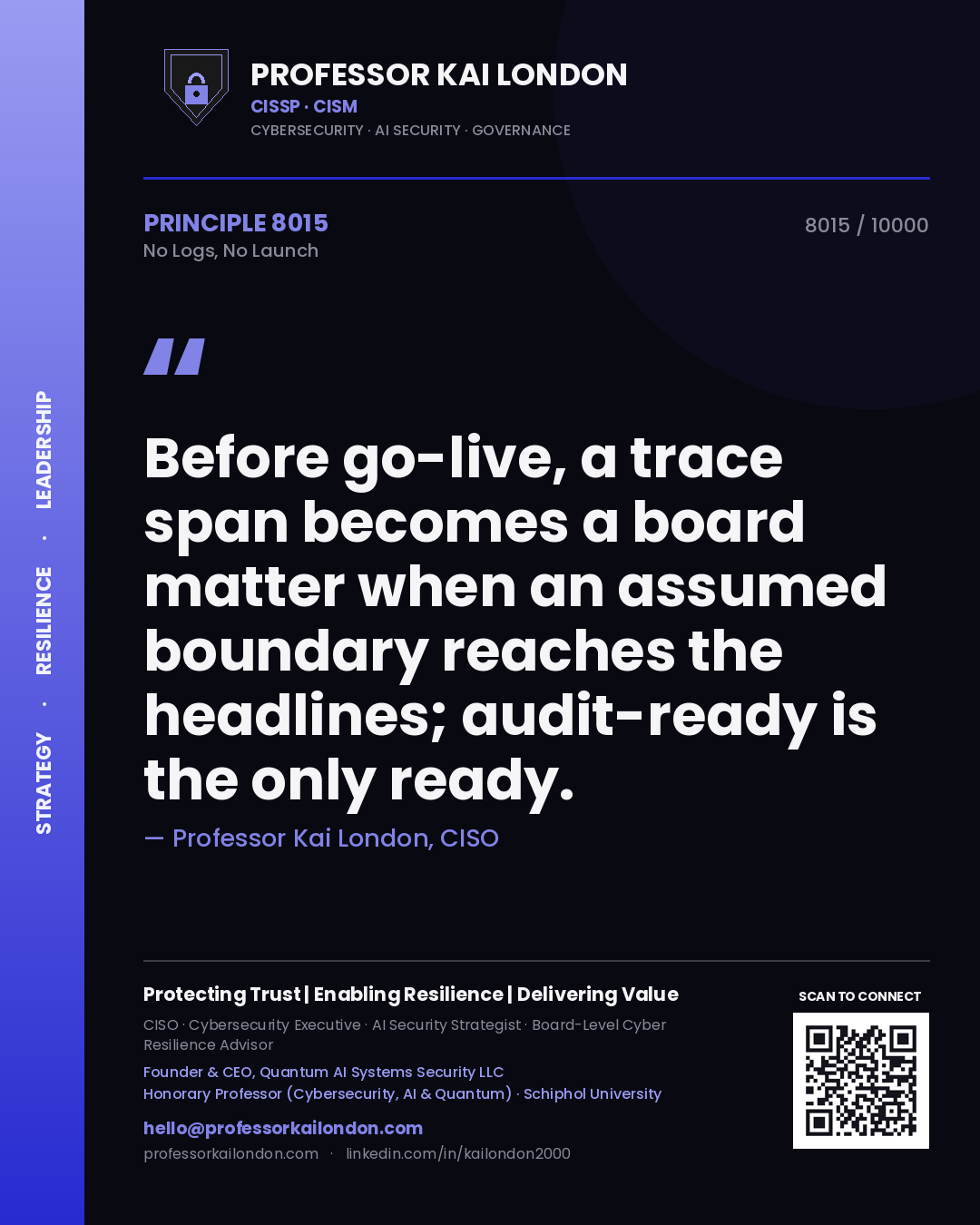 Professor Kai London principle 8015: Before go-live, a trace span becomes a board matter when an assumed boundary reaches the headlines; audit-ready is the only ready.