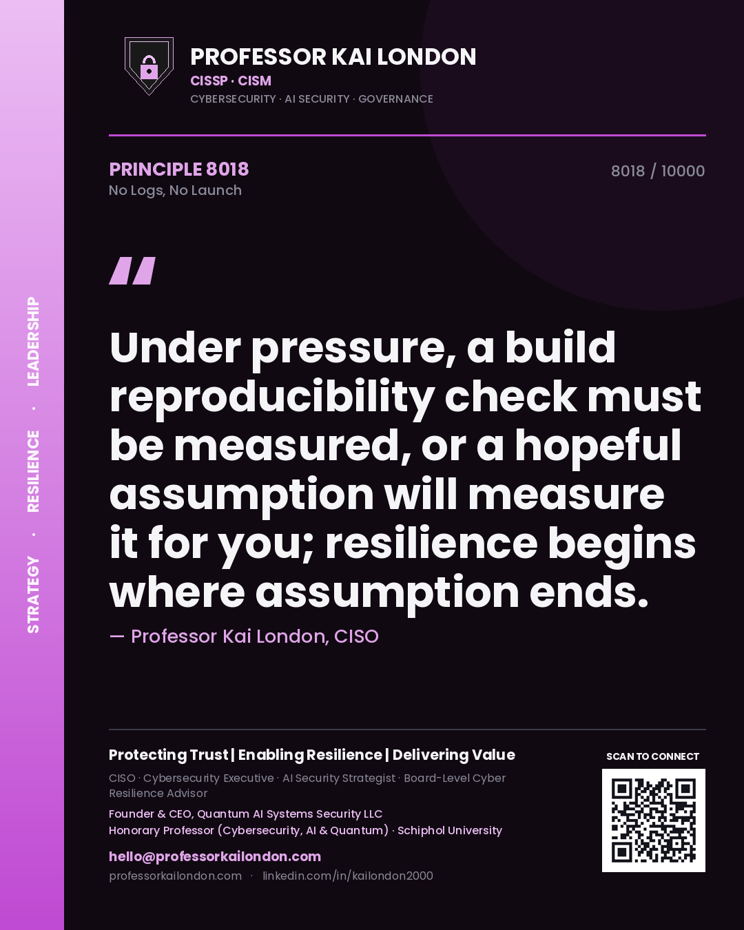 Professor Kai London principle 8018: Under pressure, a build reproducibility check must be measured, or a hopeful assumption will measure it for you; resilience begins where assumption ends.
